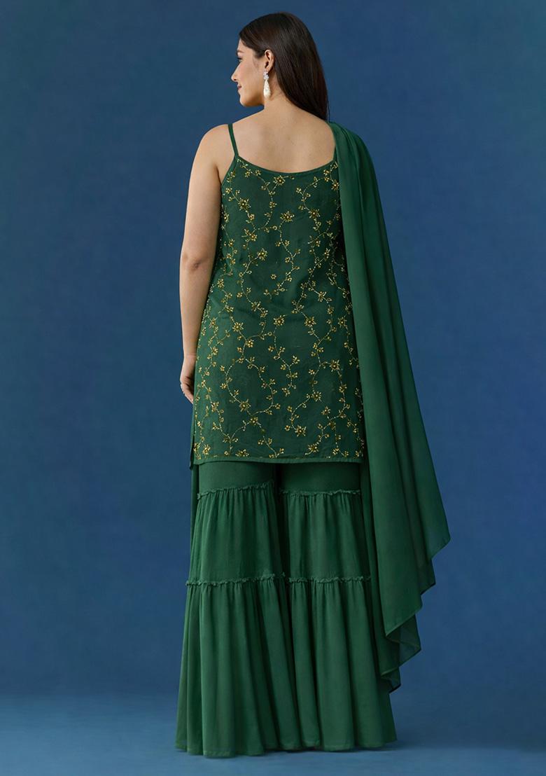 Dark Green Embroidered Crepe Sharara Set - Indya