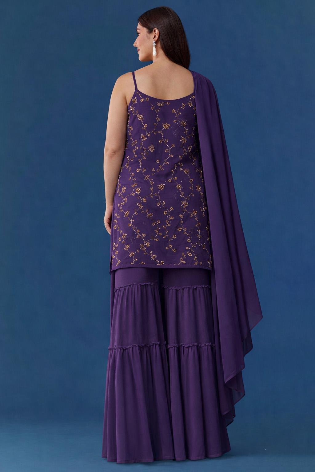 Purple Embroidered Crepe Sharara Set - Indya