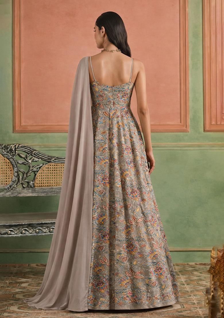 Grey Floral Print Crepe Anarkali With Dupatta - Indya