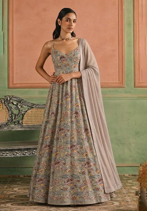 Grey Floral Print Crepe Anarkali With Dupatta