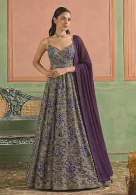 Purple Floral Print Crepe Anarkali With Dupatta