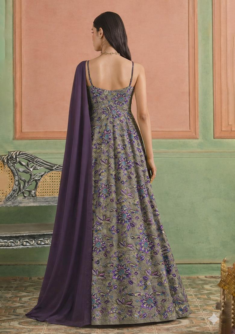 Purple Floral Print Crepe Anarkali With Dupatta - Indya