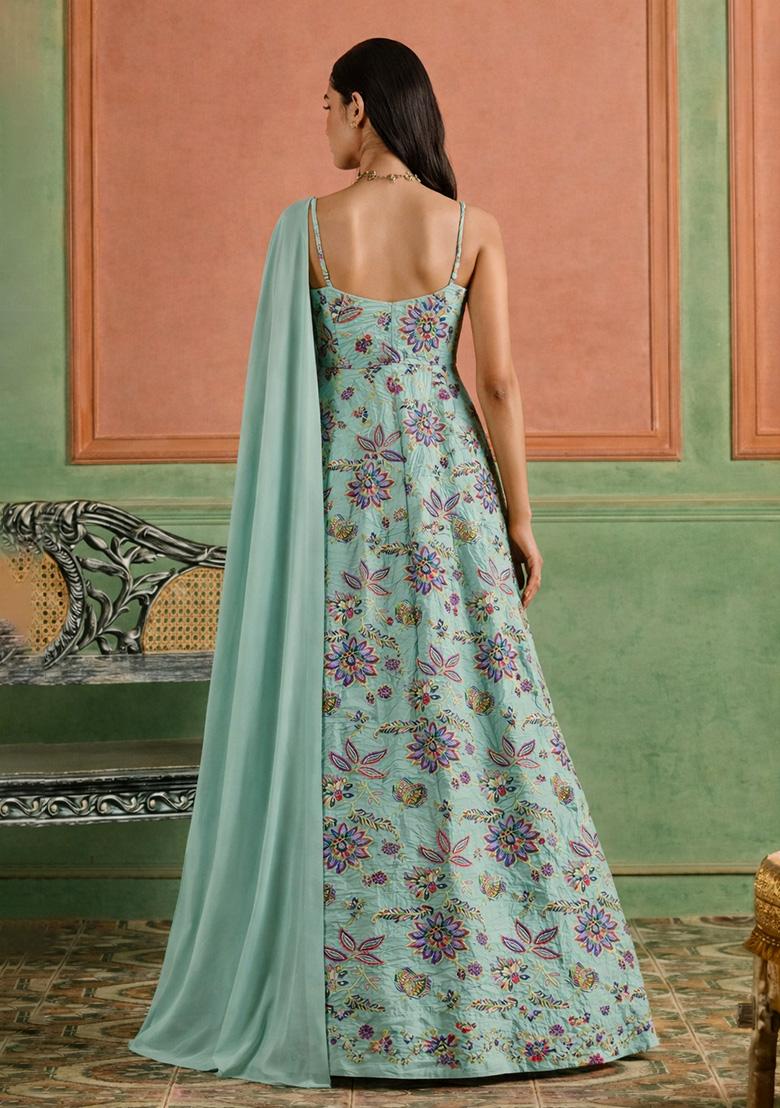 Ice Blue Floral Print Crepe Anarkali With Dupatta - Indya