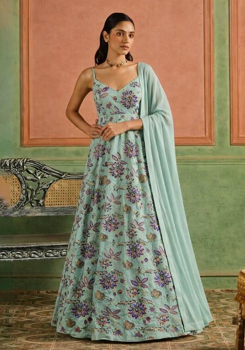 Ice Blue Floral Print Crepe Anarkali With Dupatta