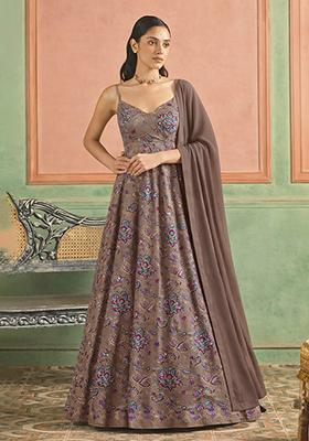 Charcoal Grey Floral Print Crepe Anarkali With Dupatta