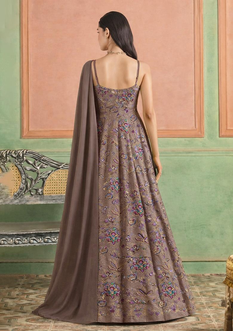 Charcoal Grey Floral Print Crepe Anarkali With Dupatta - Indya