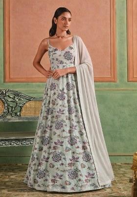 Powder Blue Floral Print Crepe Anarkali With Dupatta