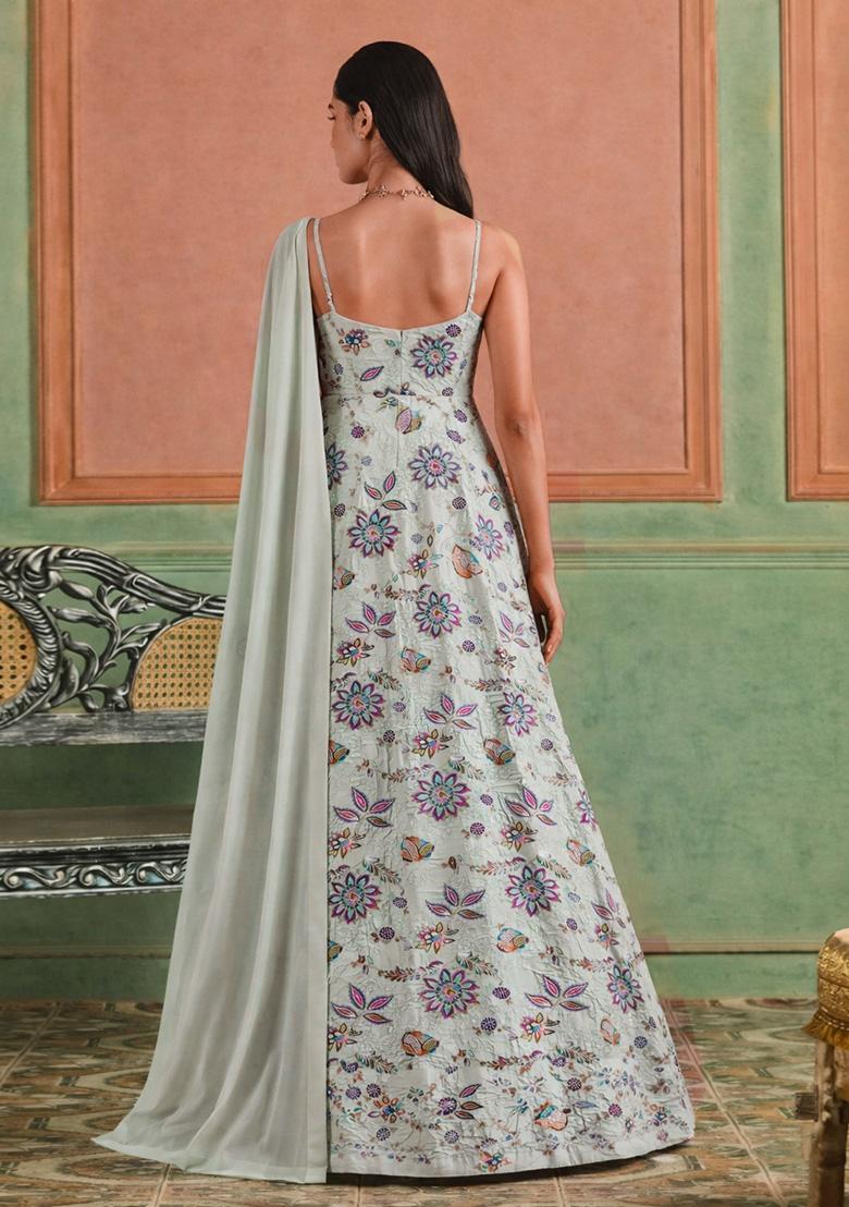 Powder Blue Floral Print Crepe Anarkali With Dupatta - Indya