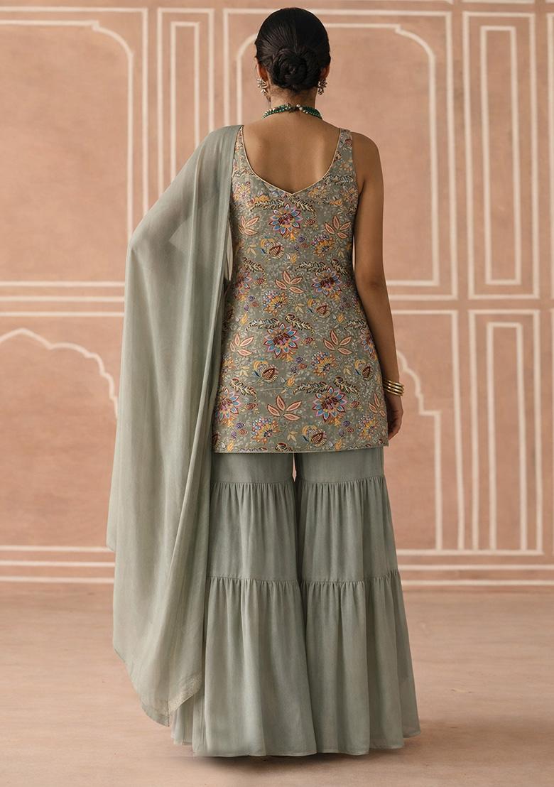 Grey Floral Print Crepe Sharara Set - Indya