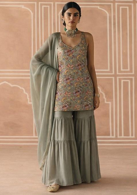 Grey Floral Print Crepe Sharara Set
