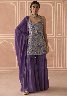 Purple Floral Print Crepe Sharara Set