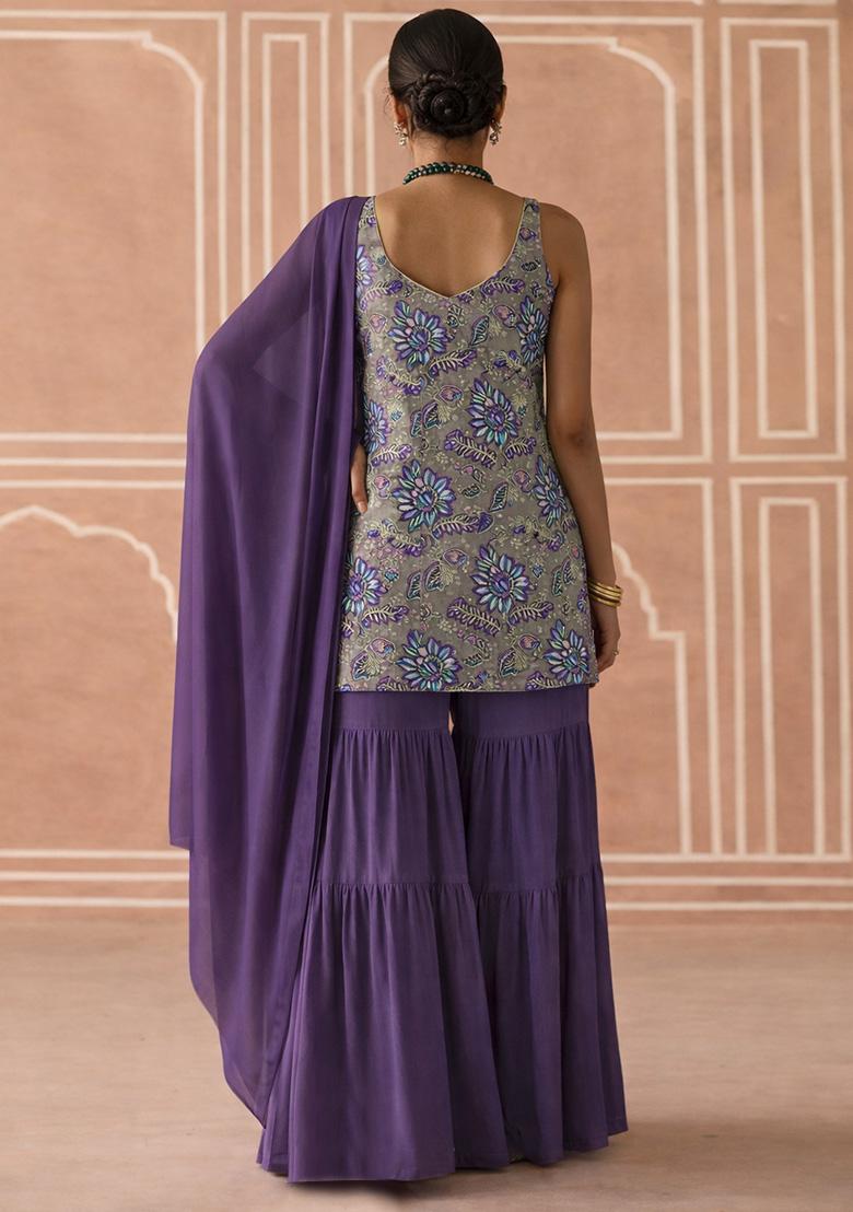 Purple Floral Print Crepe Sharara Set - Indya