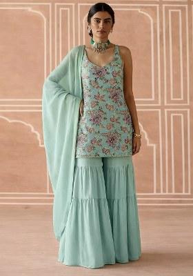 Ice Blue Floral Print Crepe Sharara Set