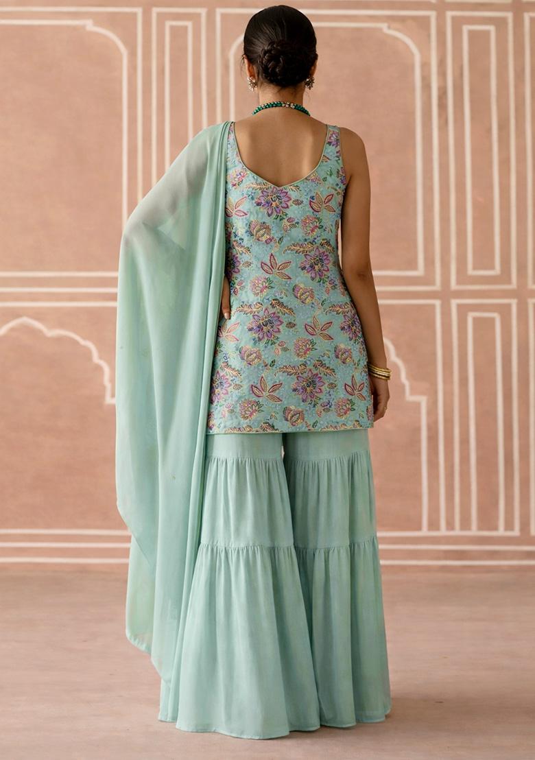 Ice Blue Floral Print Crepe Sharara Set - Indya