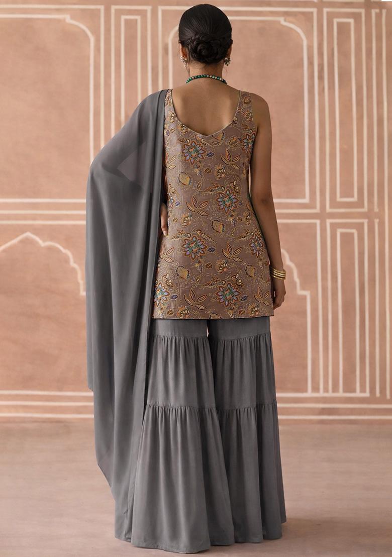 Steel Grey Floral Print Crepe Sharara Set - Indya