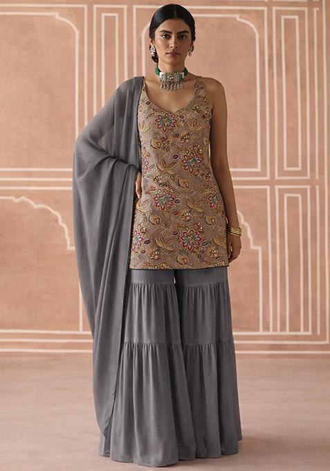 Steel Grey Floral Print Crepe Sharara Set