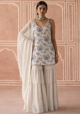 Off White Floral Print Crepe Sharara Set