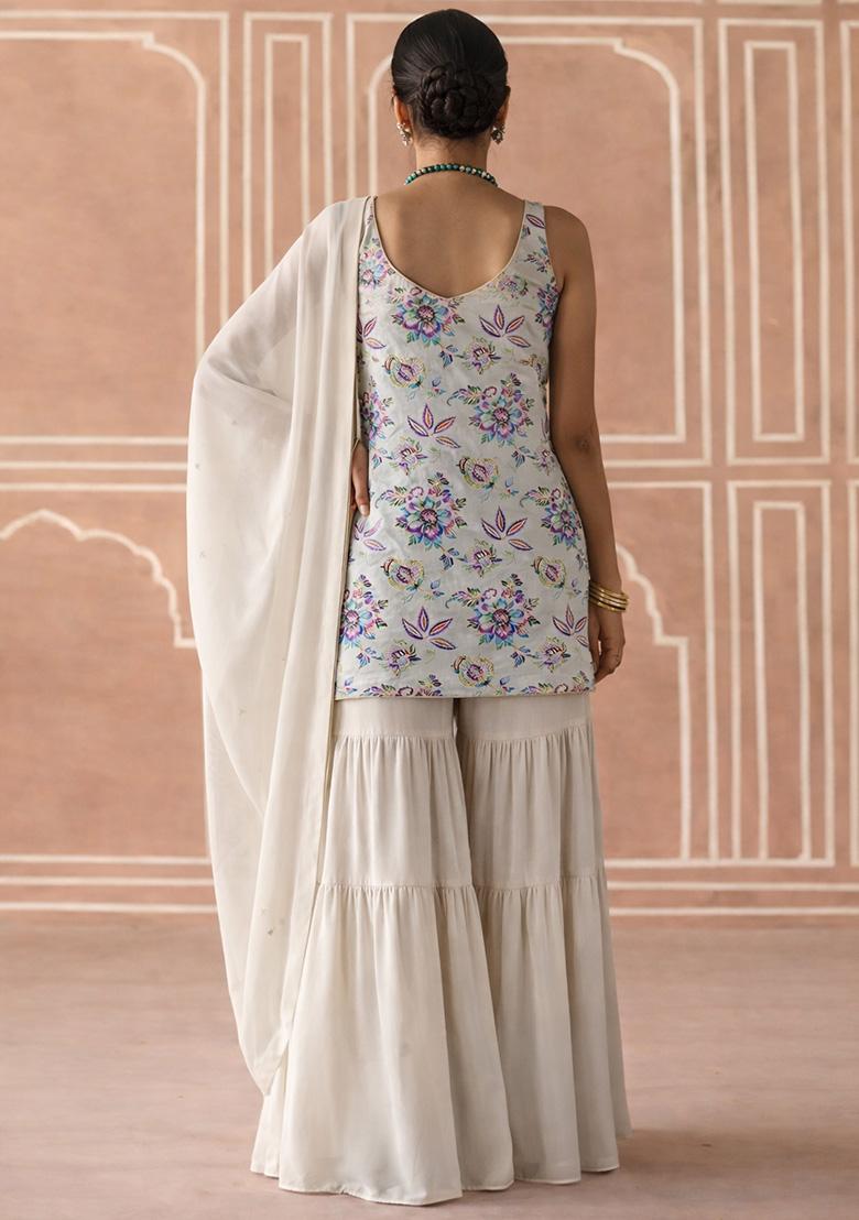 Off White Floral Print Crepe Sharara Set - Indya