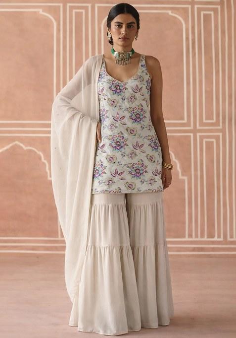 Off White Floral Print Crepe Sharara Set