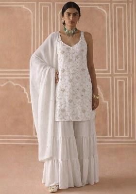 White Embroidered Crepe Sharara Set