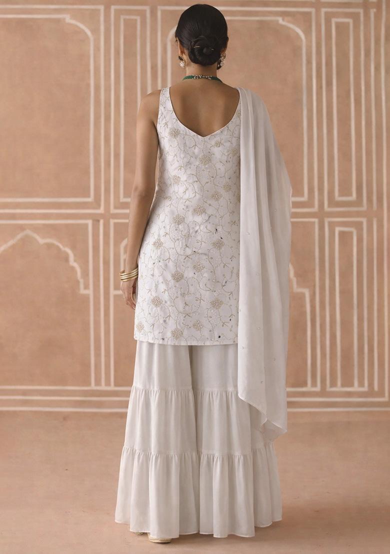 White Embroidered Crepe Sharara Set - Indya