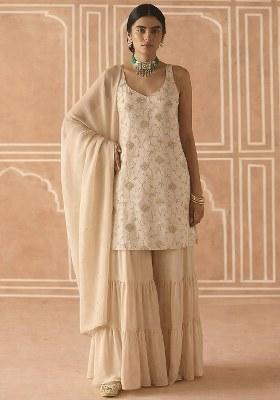 Cream Embroidered Crepe Sharara Set