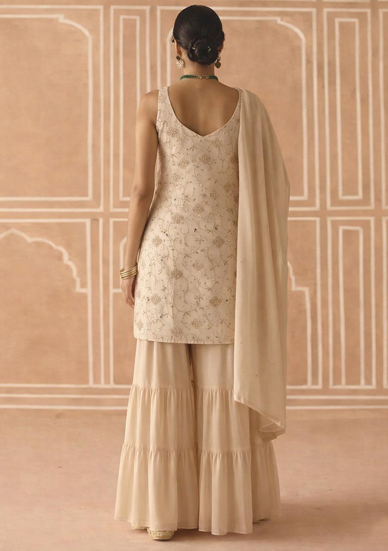 Cream Embroidered Crepe Sharara Set - Indya