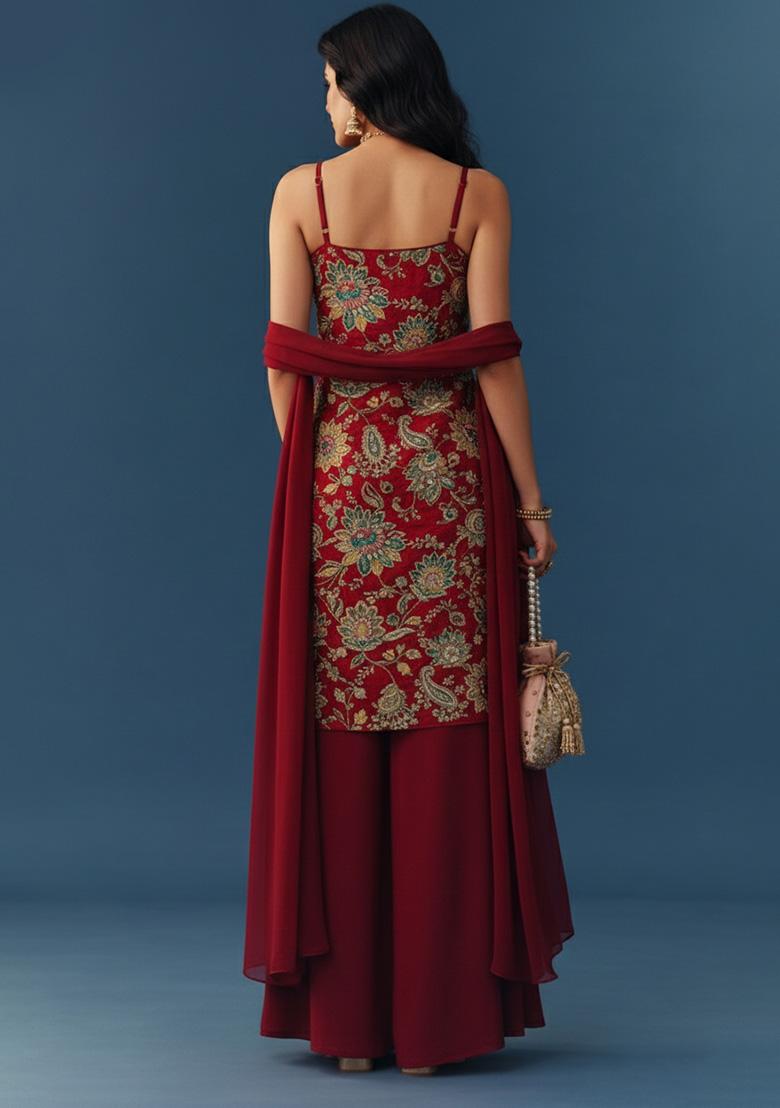 Wine Embroidered Crepe Sharara Set - Indya