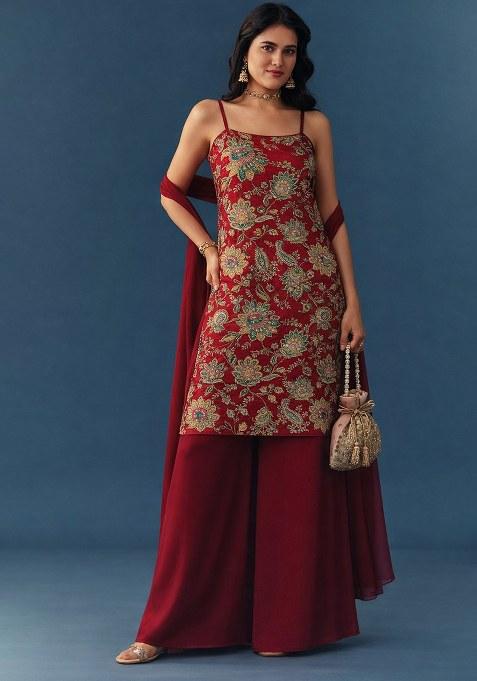 Wine Embroidered Crepe Sharara Set