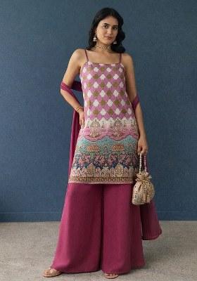 Pink Figure Print Crepe Sharara Set