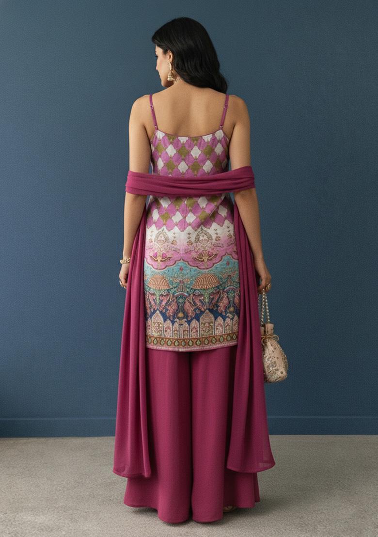 Pink Figure Print Crepe Sharara Set - Indya