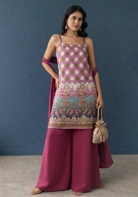 Pink Figure Print Crepe Sharara Set