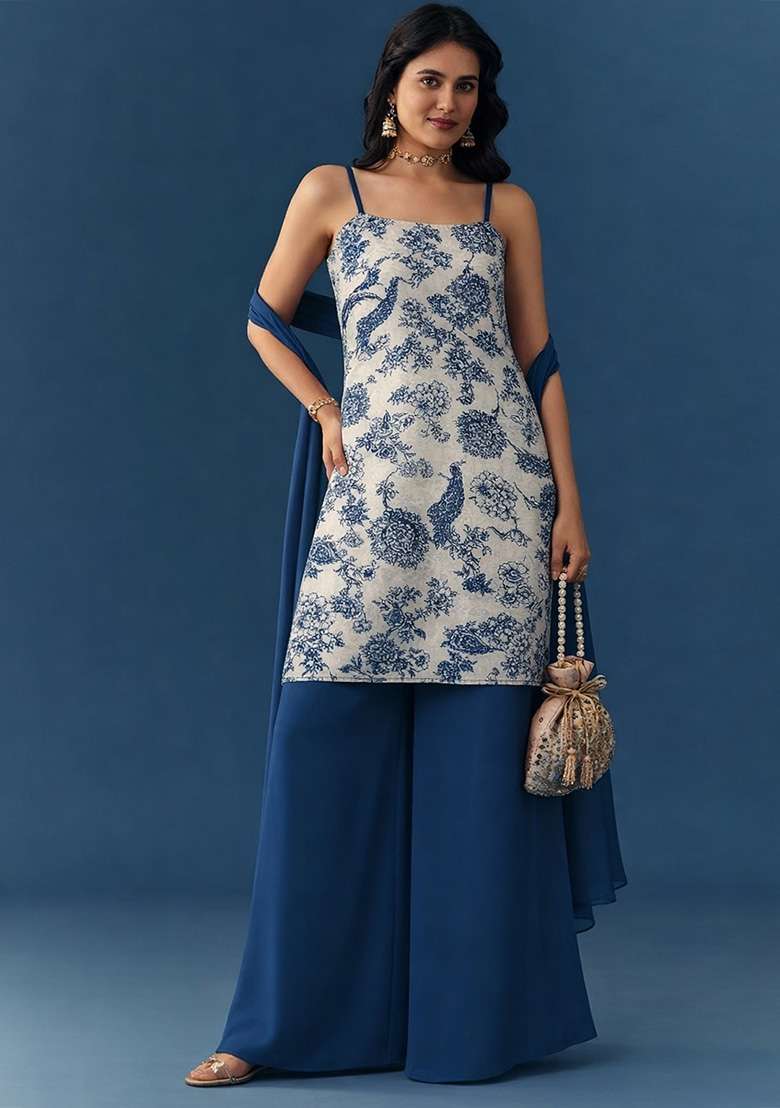 Deep Blue Floral Print Satin Sharara Set - Indya