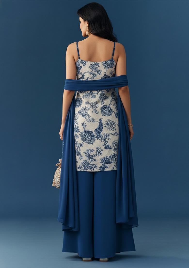 Deep Blue Floral Print Satin Sharara Set - Indya