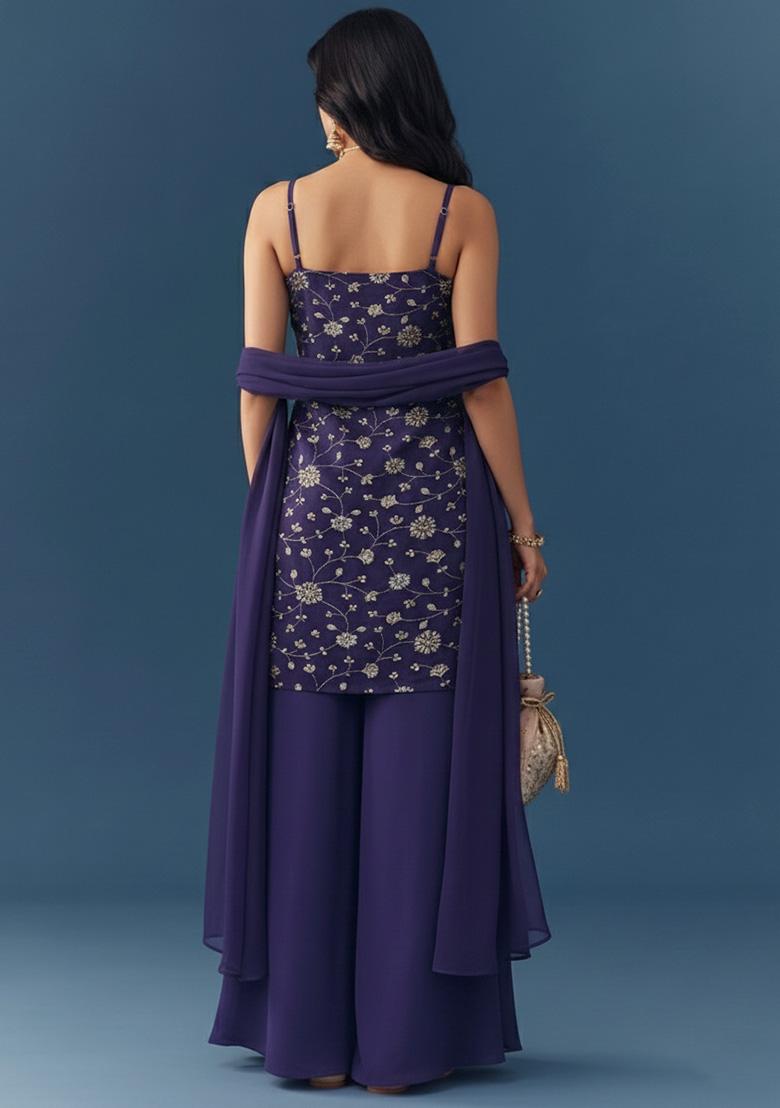 Deep Purple Embroidered Tissue Sharara Set - Indya