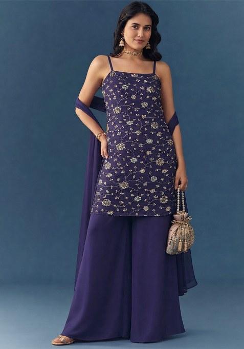 Deep Purple Embroidered Tissue Sharara Set