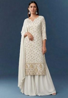 Cream Embroidered Crepe Sharara Set