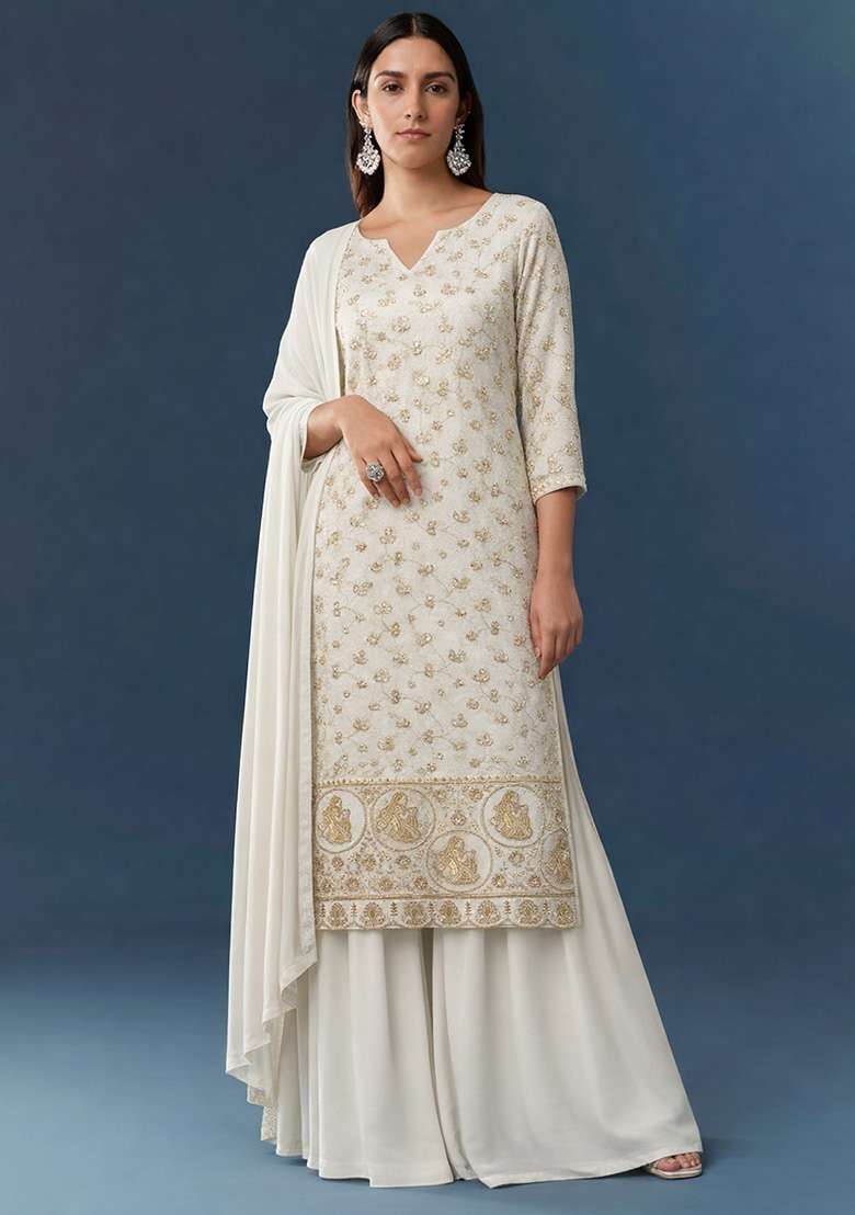 Cream Embroidered Crepe Sharara Set - Indya