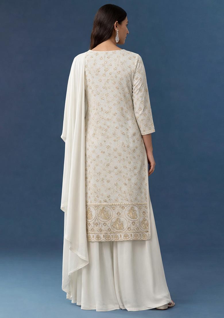 Cream Embroidered Crepe Sharara Set - Indya