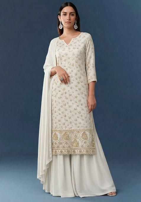 Cream Embroidered Crepe Sharara Set