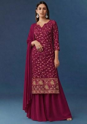 Rani Pink Embroidered Crepe Sharara Set