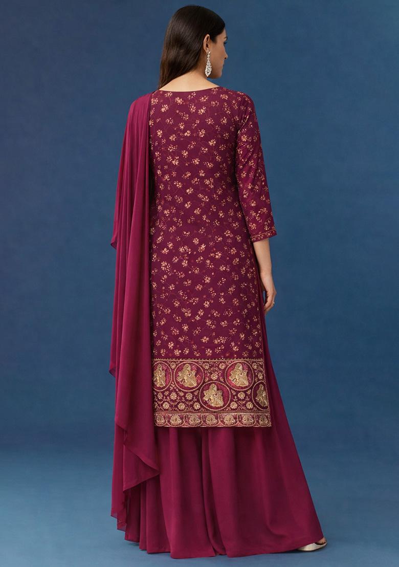 Rani Pink Embroidered Crepe Sharara Set - Indya