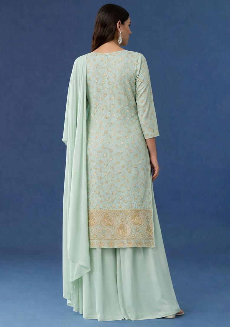 Mint Green Embroidered Crepe Sharara Set - Indya