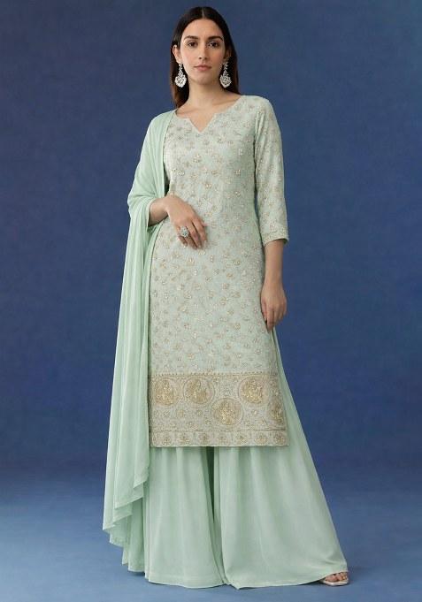 Mint Green Embroidered Crepe Sharara Set