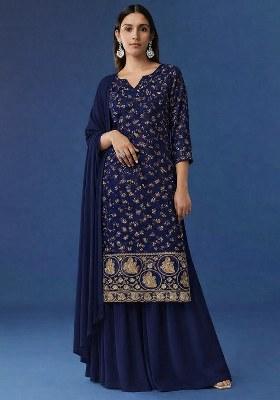 Navy Blue Embroidered Crepe Sharara Set