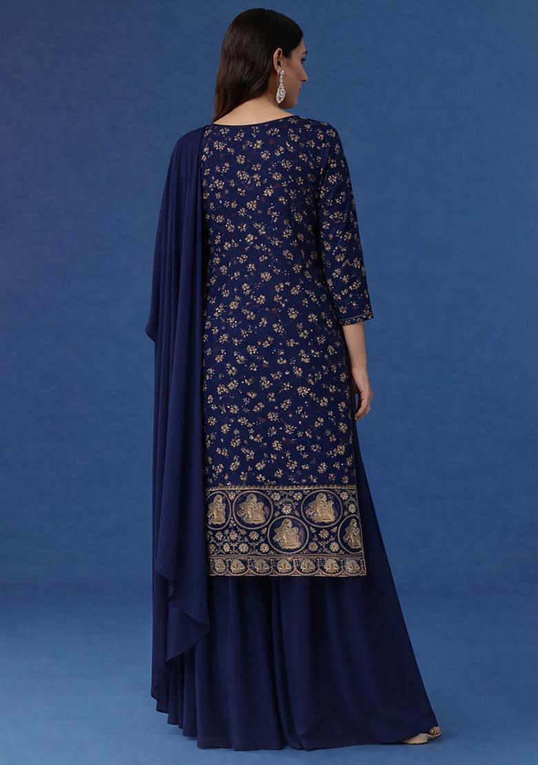 Navy Blue Embroidered Crepe Sharara Set - Indya