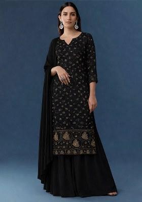 Black Embroidered Crepe Sharara Set