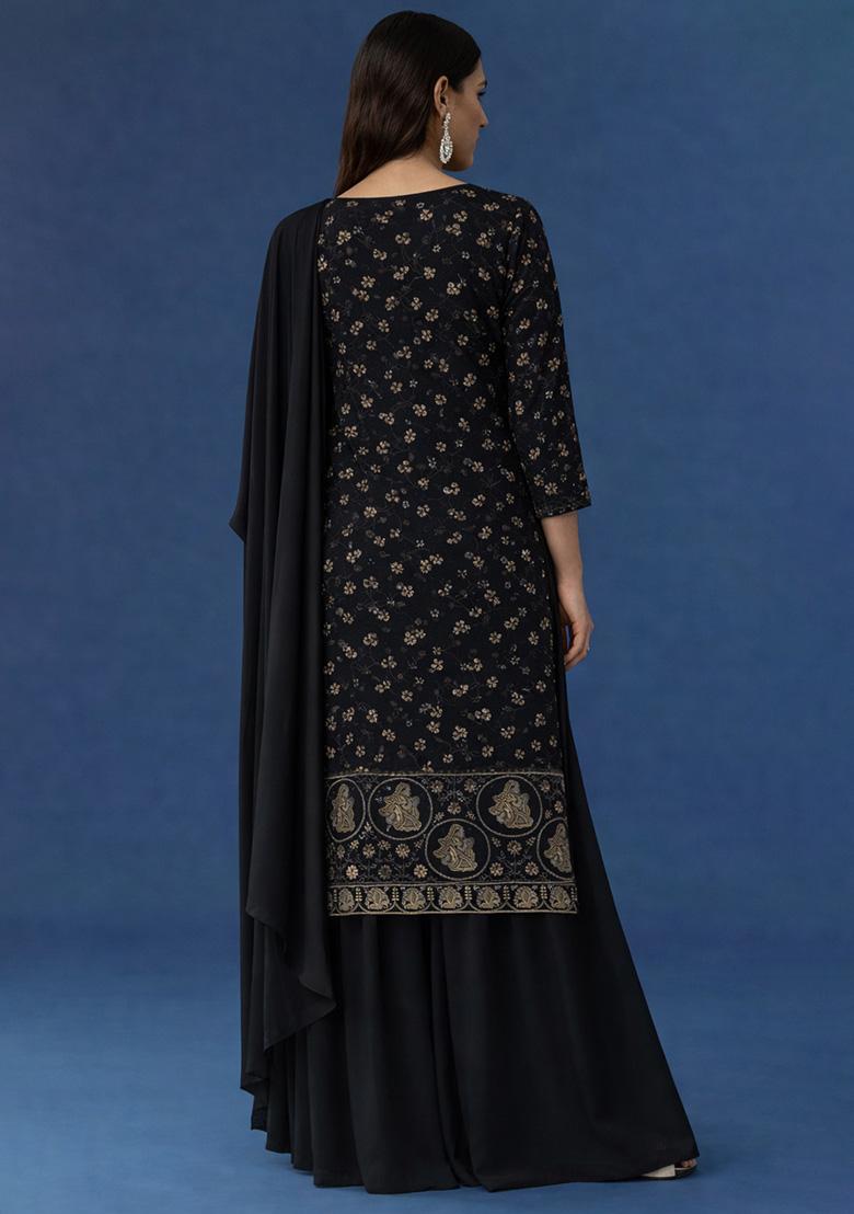 Black Embroidered Crepe Sharara Set - Indya