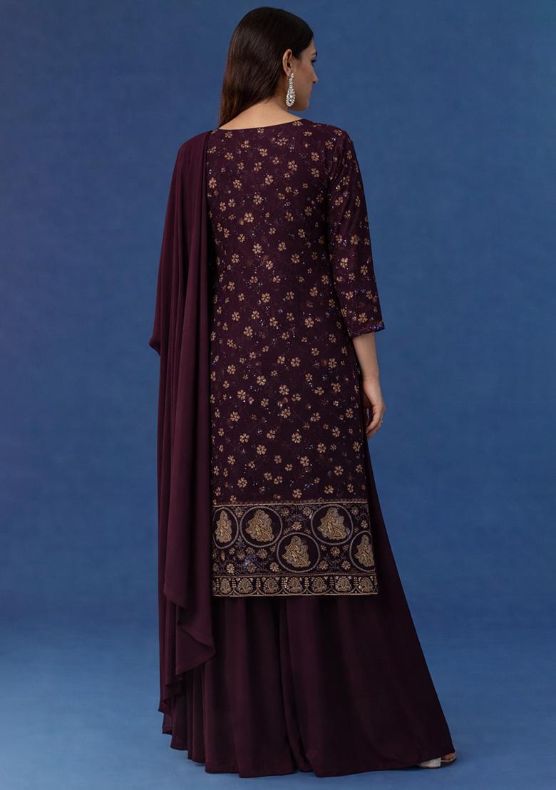 Purple Embroidered Crepe Sharara Set - Indya