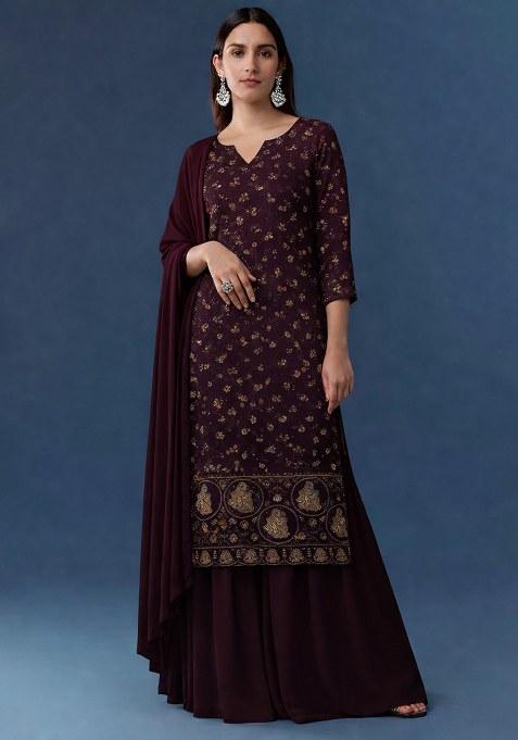 Purple Embroidered Crepe Sharara Set